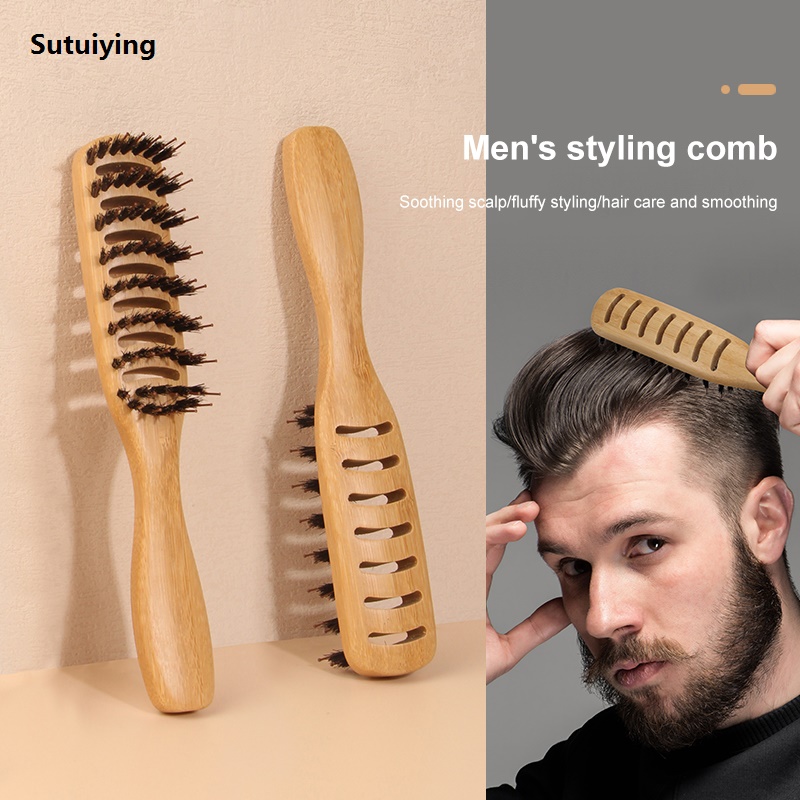 Sutuiying Men's Styling Rib Comb Bamboo Boar Bristle Hollow Out Detangle High Quality Anti Static Vent Hair Brush for Detangling Curved Hairbrush