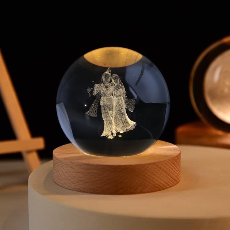 3D Galaxy Crystal Ball Night Light with Wooden Base - LED USB Table Lamp (Saturn Design) for Bedroom, Desk & Home Decor
