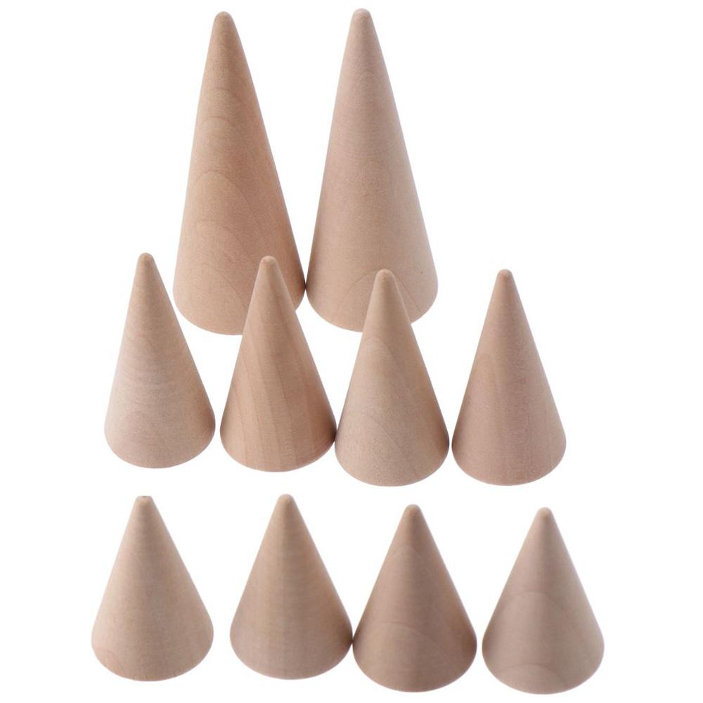 10Pcs Durable Natural Wood Color Cone Rings Cones Shape Different Sizes Jewelry Display Stand Wood Solid Flat Base Jewelry Display