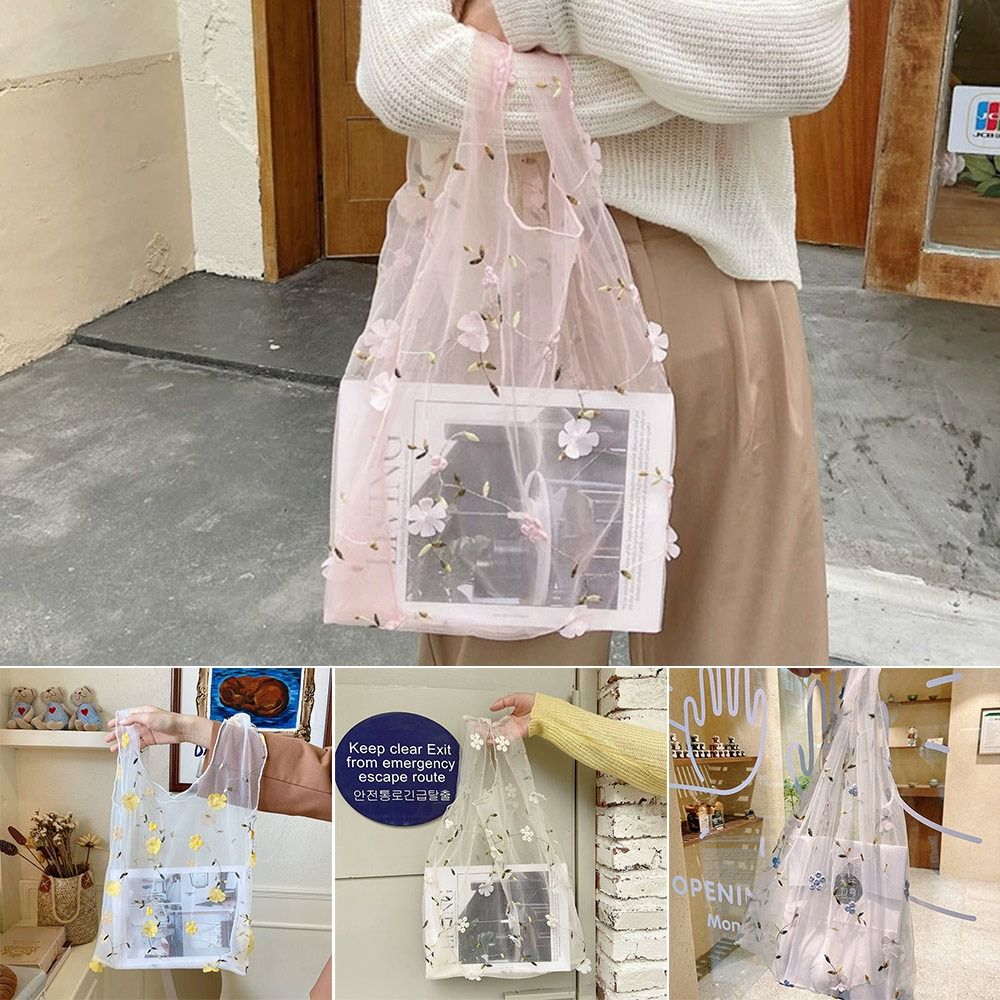 Purses Transparent Mesh Embroidered Flower Bag Large Capacity Reusable Organza Tote Bags High Quality Eco Cloth Shopping Bag For Lady Girl Women