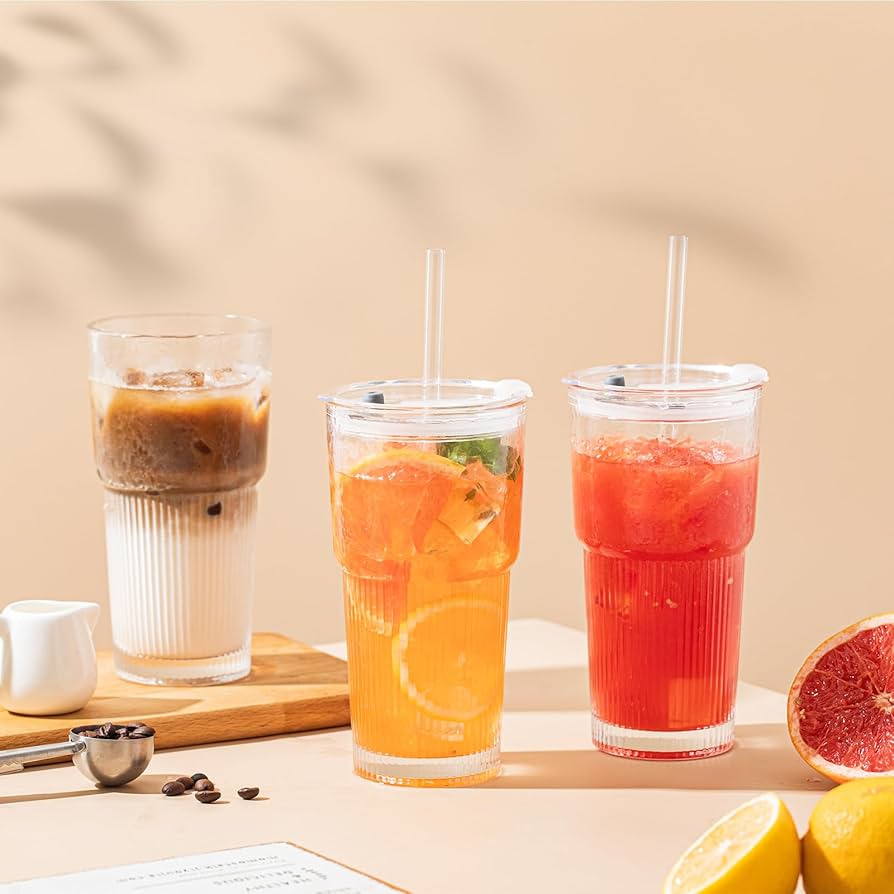 NB99 20oz Ribbed Colorful BPA Free Plastic Cups with Lid and Straw , Iced Coffee Tumblers , Thickened Glasses Drinking Set, Ideal for Smoothies, Cocktails, Juices Thumbler Portable Travel Friendly Cup
