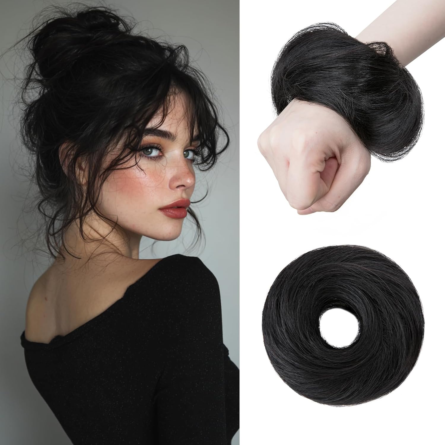 S-noilite Messy Bun Hair Piece Hair, Straight Jet Black Hair Bun Hairpieces for Women Girls Smoothed Updo Donut Chignon Ponytail Extensions