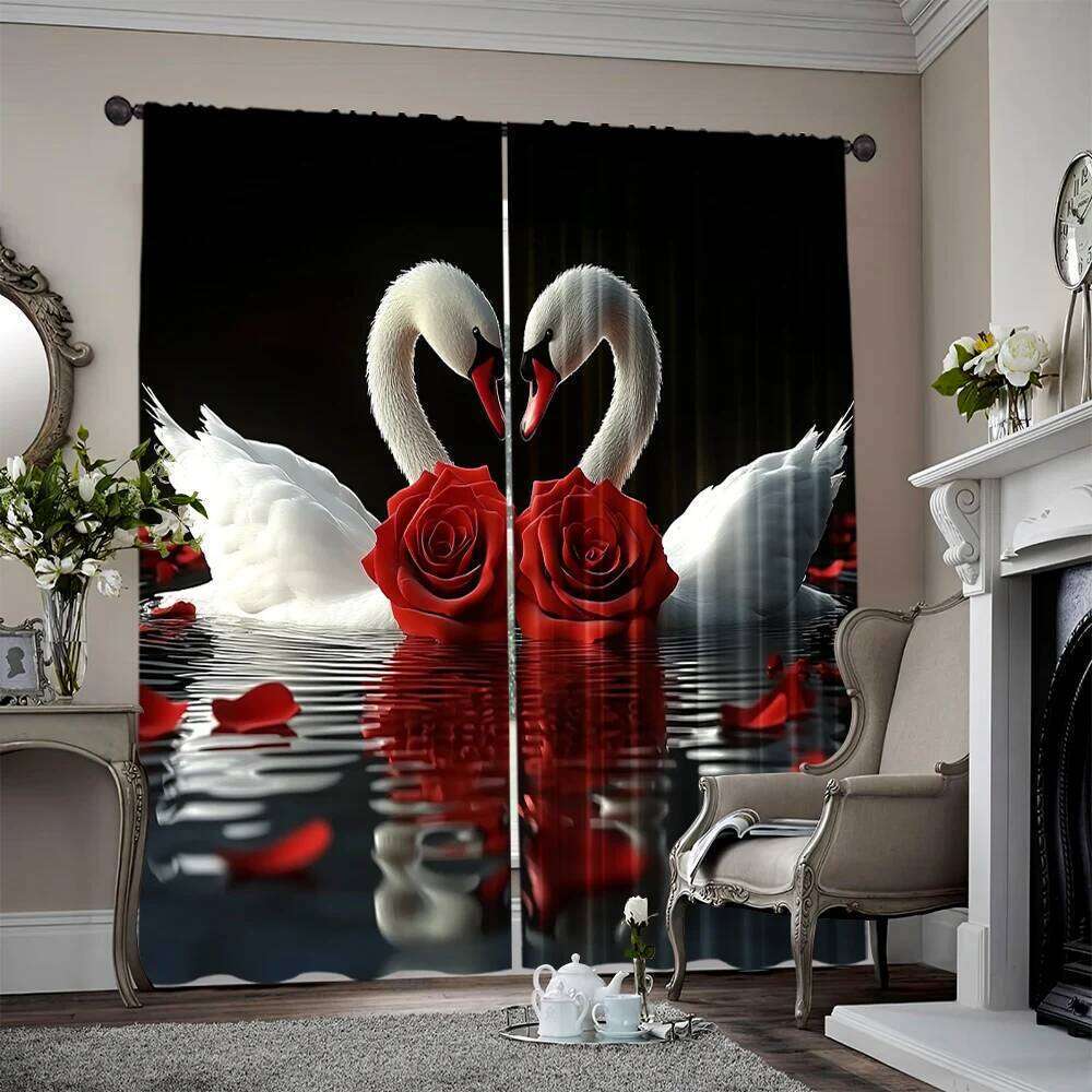 2pcs, spring summer Romantic Swan Couple and Red Roses Sheer Curtains Durable Polyester Versatile All Use for Bedroom,