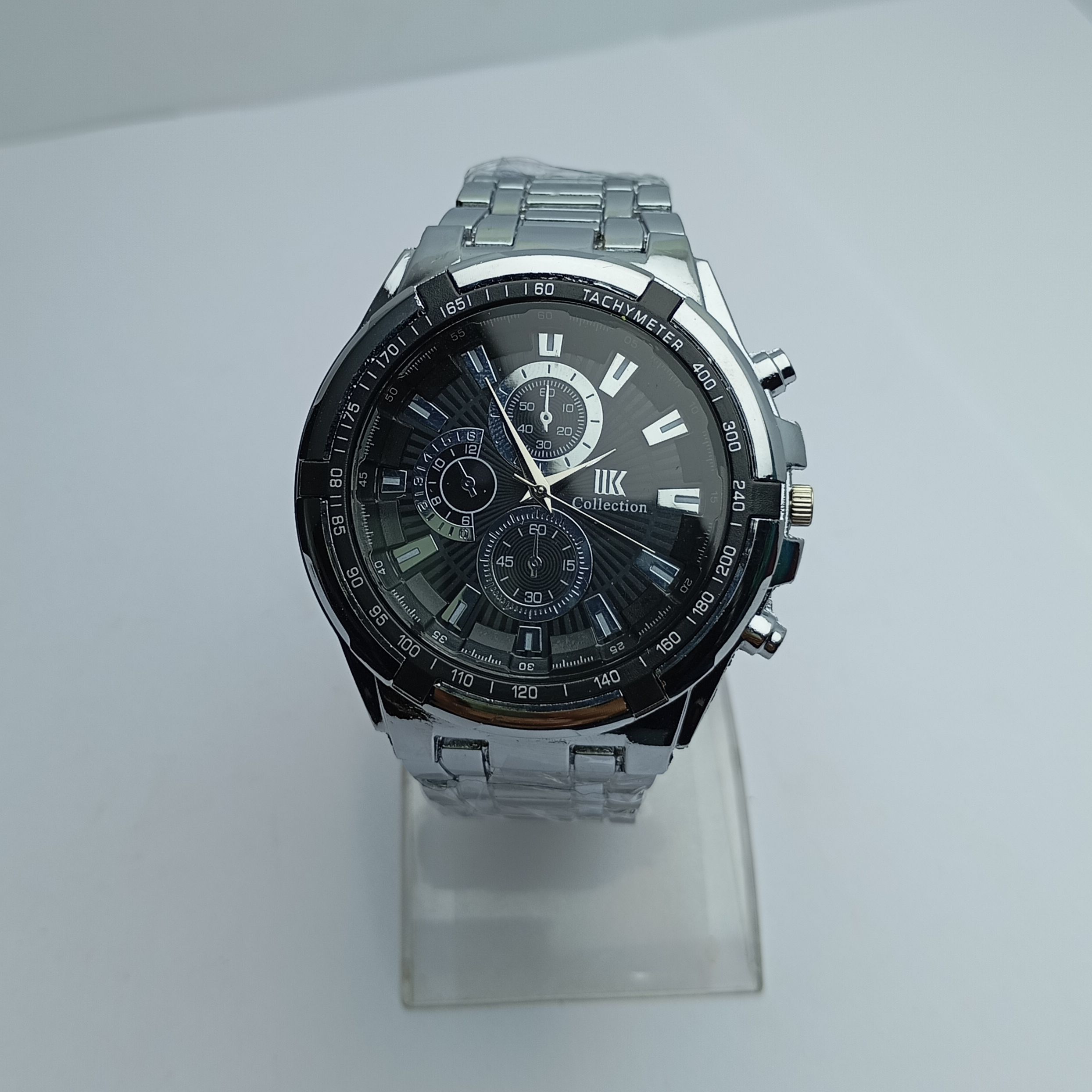 Ik Collection Casual Design Silver Chain Round Black Dial Stainless Steel Quartz Movement Wrist Watch For Men || Sold By Time Plaza