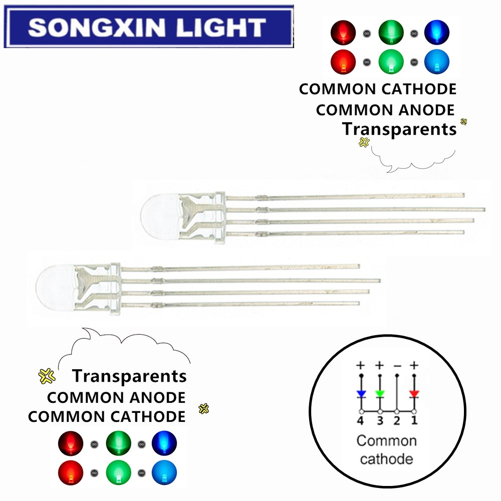 10PCS 5mm full-color LED RGB red/green/blue Common Anode/Cathode Four feet transparent highlight color light 5mm diode colorful