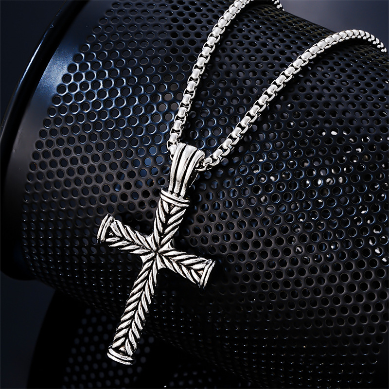 【Mega Sale】Striped Cross Personality High-end Accessories Titanium Steel Color-free Necklace Men's Trendy Hip-hop Women's Necklace