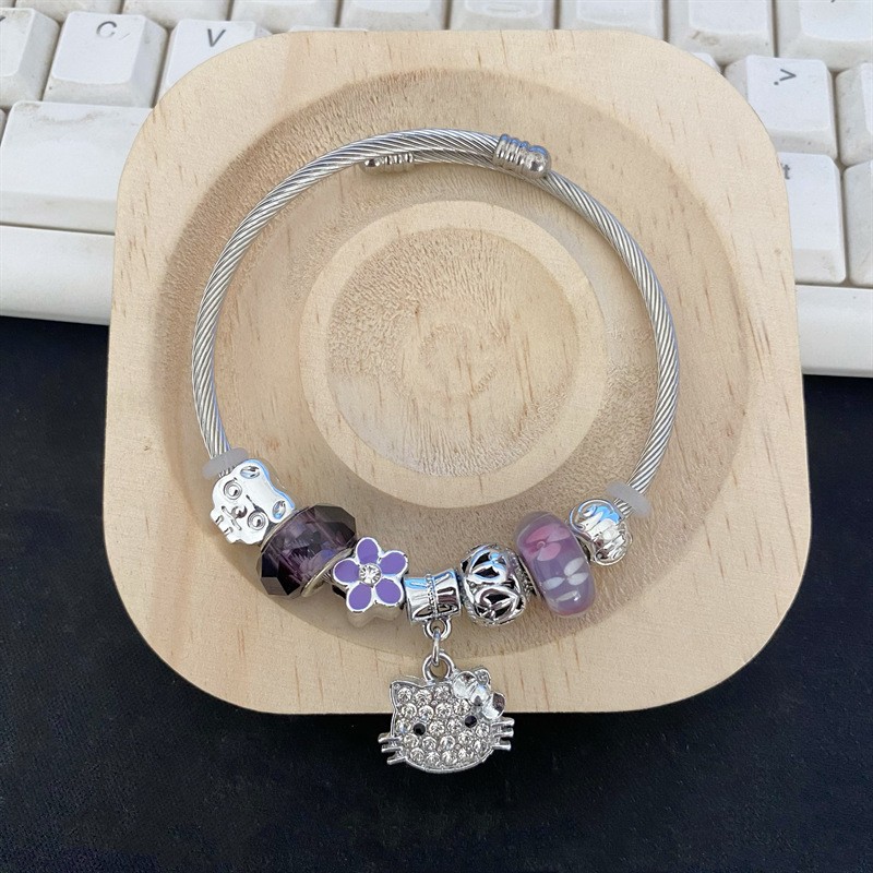 【New arrival】Panjia series cartoon kt cat sweet cool hot girl hello KT cat bracelet purple five flower glass beads bracelet women