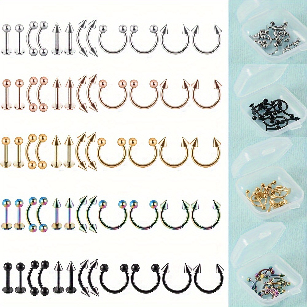 【New arrival】12 pice stainless steel piercing jewelry eyebrow nail nose ring lip nail transparent box combination suit