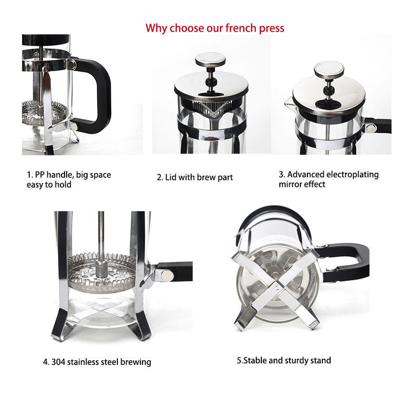 French Press Coffee Maker 350/600/800ml | Glass & Stainless Steel Coffee Press | Manual Coffee Brewer | Silver Transparent