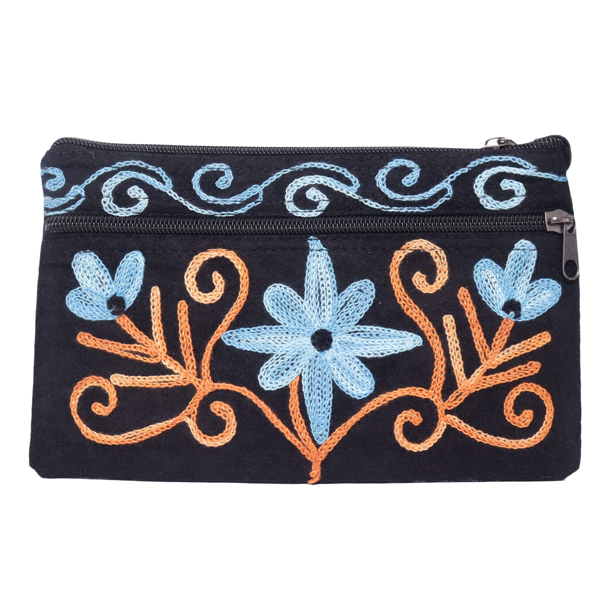 Black/Blue Floral Embroidered Purse For Women