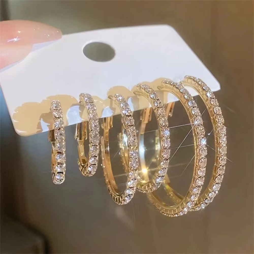 3 Pairs Full Shiny Rhinestone Hoop Earrings Different Size Gold/Silver Color Ins Earrings For Women Simple Luxury Jewelry