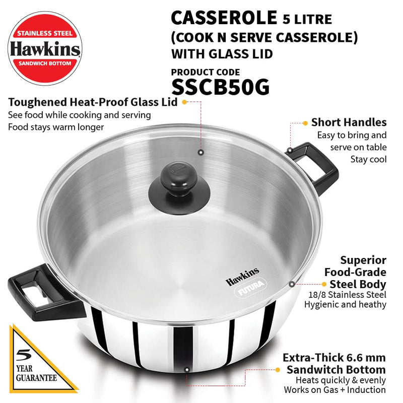 Hawkins Stainless Steel Casserole Cook And Serve With Toughened Glass Lid 5 Litre 28 Cm