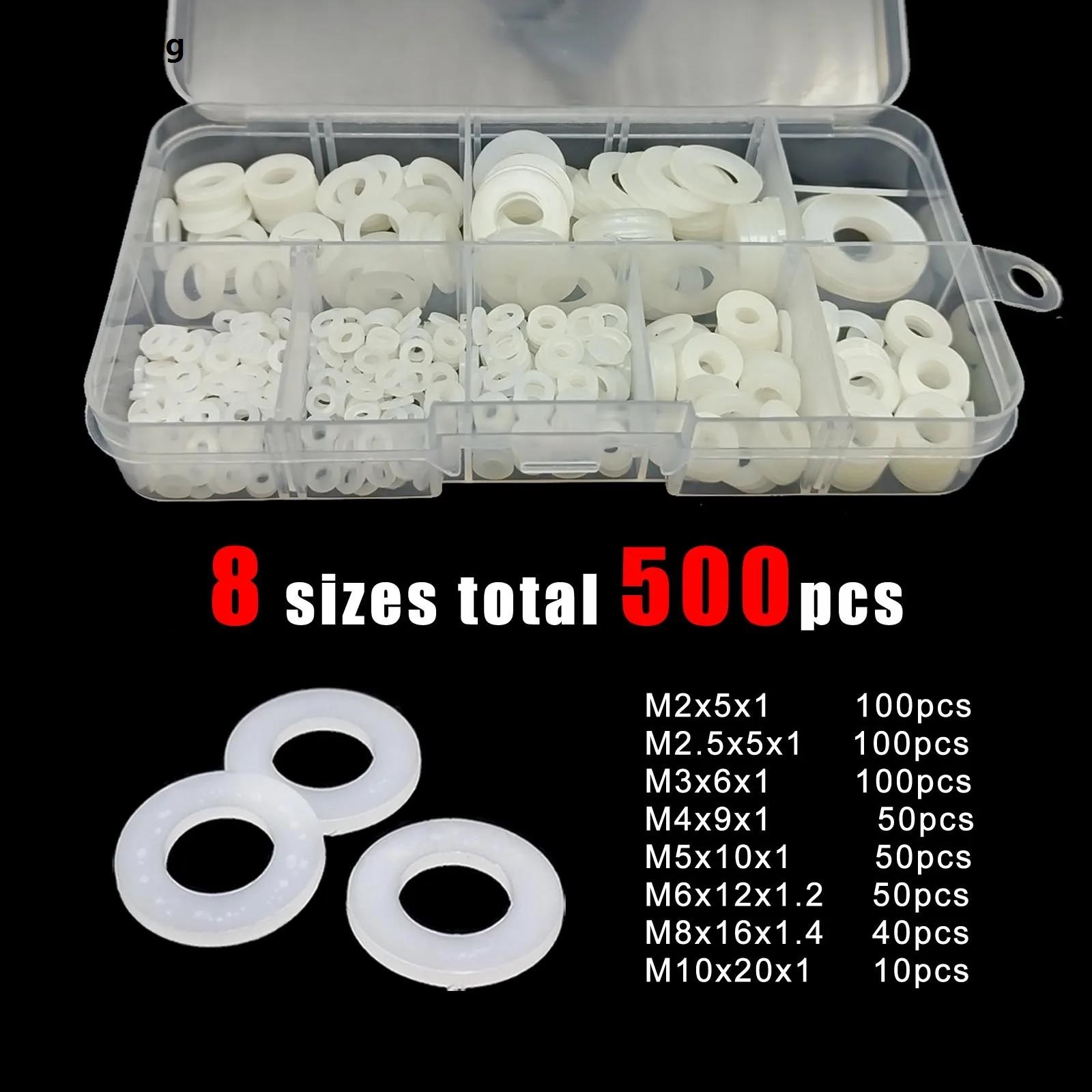 Wenefang 500pc Boxed Plastic Nylon Flat Washer Plain Spacer Insulation Gasket Ring Assortment Kit Set M2 M2.5 M3 M4 M5 M6 M8 M10