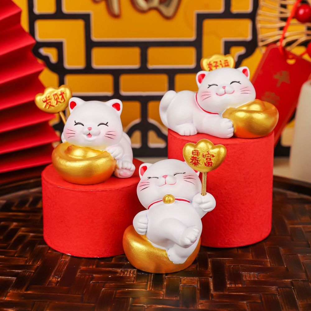 Creative Cute Wealth Cat Statue Chinese Style Resin Crafts Fortune Kitten Figurine Cartoon Mascot Mini Cat Figurine Home New Year Gift