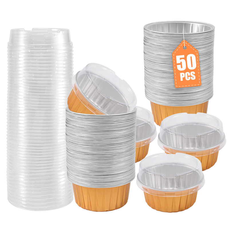 NAMUNY Dessert Cups with Lids, 50 Pack Gold Aluminum Foil Baking Cups Holders, Cupcake Bake Utility Ramekin Clear Pudding Cups