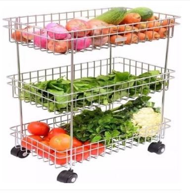 Stainless Steel Popular Basket Fruit and Vegetable Stand Basket Trolley, Kitchen Storage Rack (3 Layer) Kitchen Rack Dishrack