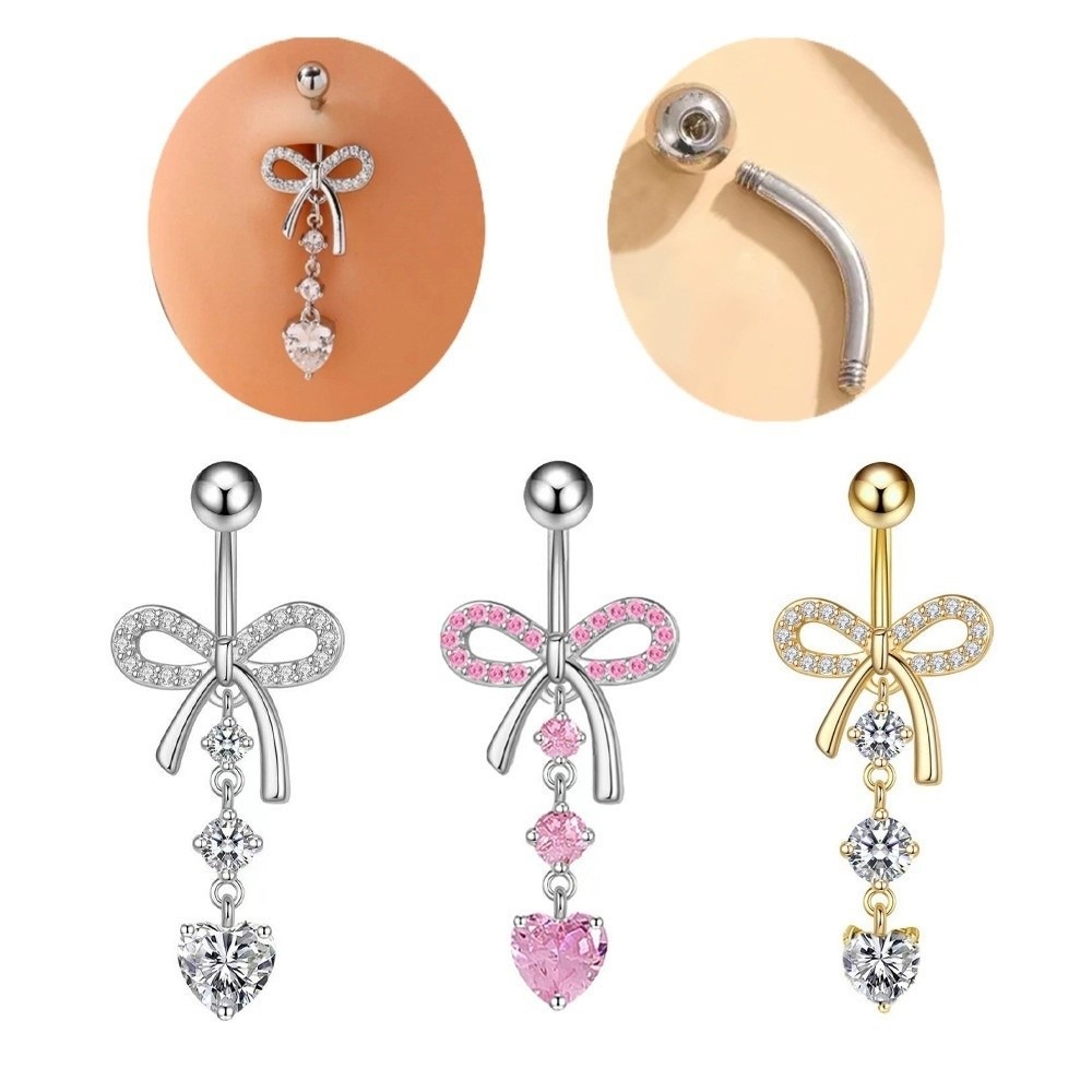 Trendy Stainless Steel Piercing Belly Dangled Design Bow Knot Butterfly Navel Jewelry Heart Dual Color Belly Rings Beach