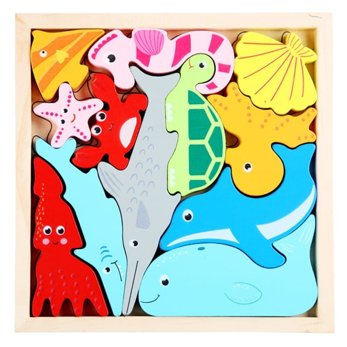 3D Wooden Puzzle for Kids - Sea Animals Jigsaw Board - Montessori Educational Learning Toy - Premium Quality Wooden Blocks for Toddlers & Preschoolers (16.5cm)