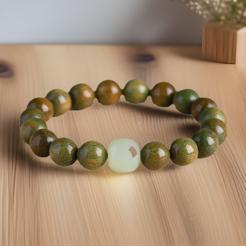 Natural green sandalwood bracelet single circle round beads women's beads with Hetian jade cinnabar transfer beads Chinese style hand jewelry