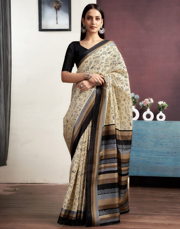 Fabdale Bhagalpuri Khadi Silk Blend Saree with Warli & Floral Prints | Cream & Black (SMH)