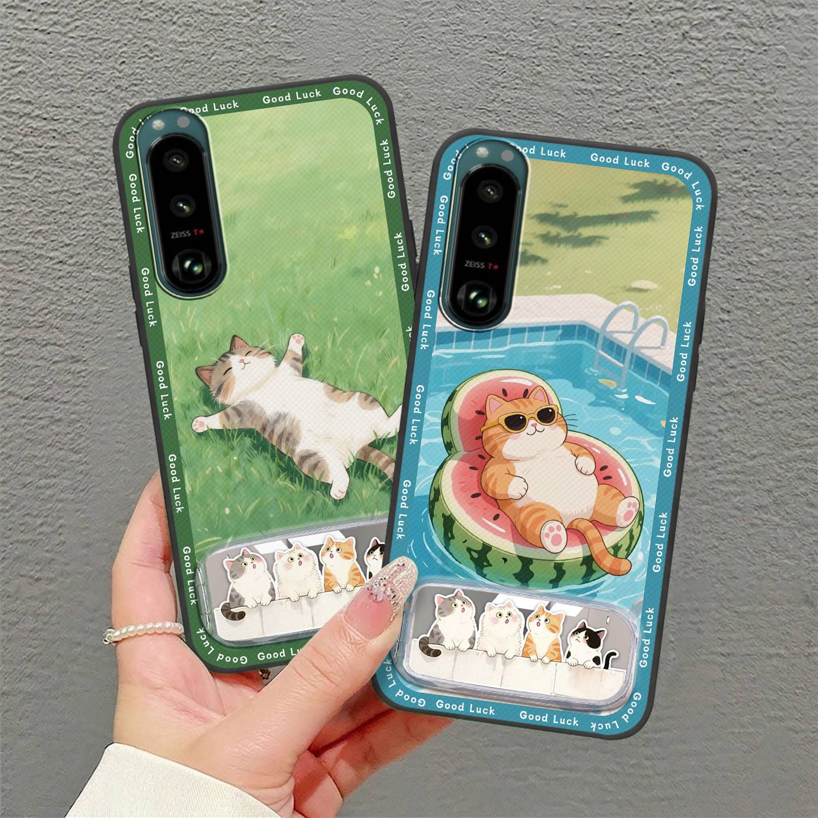 Anti-knock Back Cover Phone Case For Sony Xperia5 III Shockproof Durable Soft case Makeup Mirror Cartoon Cloth Patch TPU