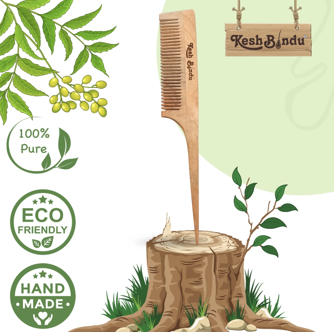 KeshBindu Neem Wooden Comb For Men & Women Suited For All Hair Types (Tail Comb)