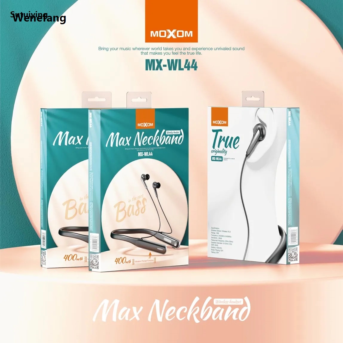 Wenefang Sutuiying Moxom MX-WL44 Bluetooth Neckband Wireless Headphones Headset Magnetic Sports Luxury Vibration Function Professional Stereo Sound Max Earphone airpod