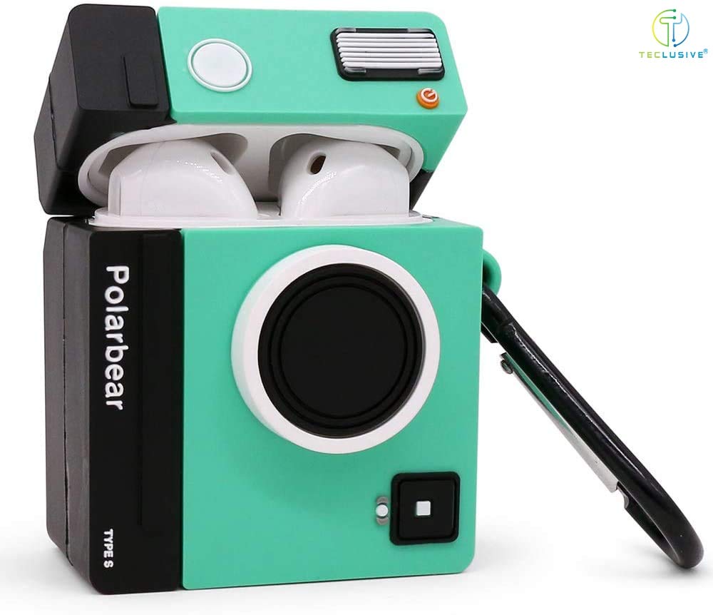 Ultra Luxury 3D Camera Design Protective Case Cover Compatible for Airpods 1/2 with Hook Buckle - Teal Green
