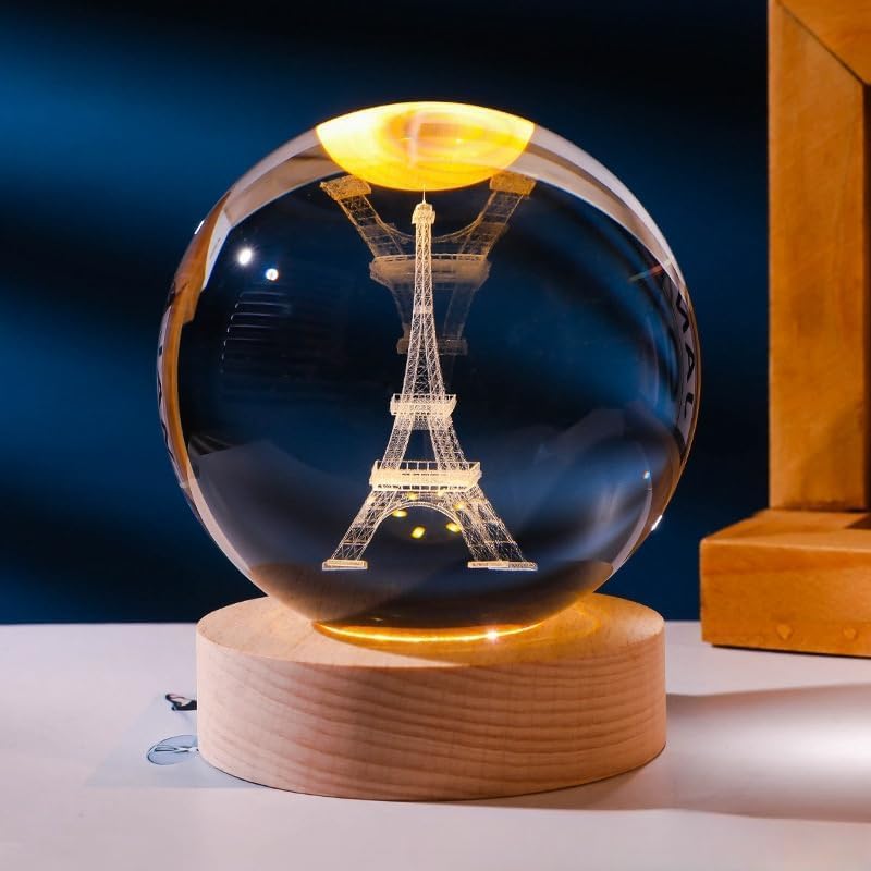 3D Crystal Ball Night Lamp, USB Table Colorful LED Wooden Crystal Ball for Home Decoration Birthday Gift for Boys and Girls (Effiel Tower) By Mama Bhanja