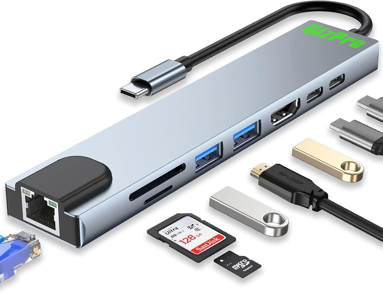 8 in 1 Type C Hub with USB, RJ45 Ethernet, Type C, SD Card, TF Card and HDMI Output