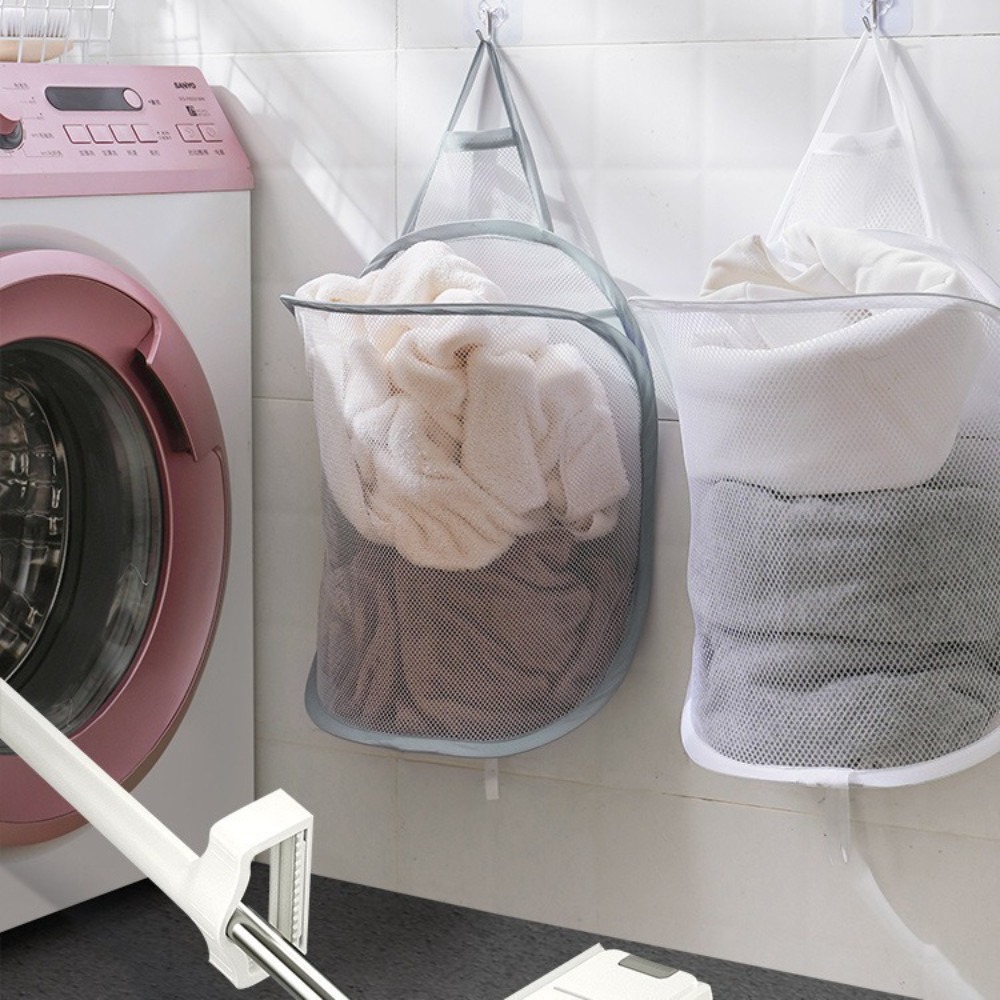 New Foldable Mesh Laundry Basket Lightweight Clothes Net Pocket Folding Dirty Clothes Basket with Hook Multifunction Clothes Storage Basket