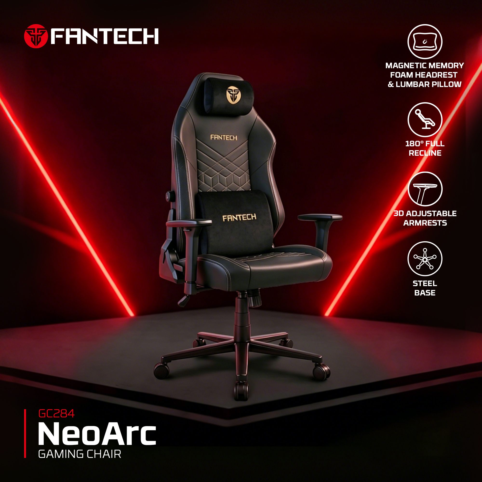 Fantech NeoArc GC284 Ergonomic Gaming Chair | Reclining | Premium Comfort BLACK