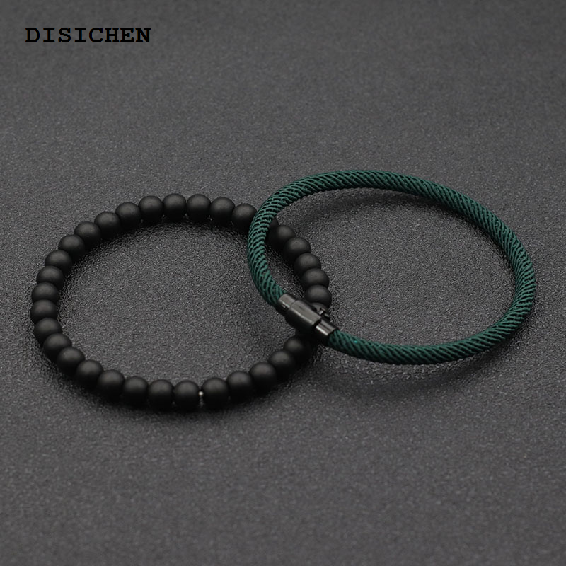 DISICHEN Bargain price Economic 2Pcs Matching Bracelet Set Unisex 6mm Onyx Stone Braclet 4mm Cord Chain Braslet Paired Couple Brazalete Pulseira Joias