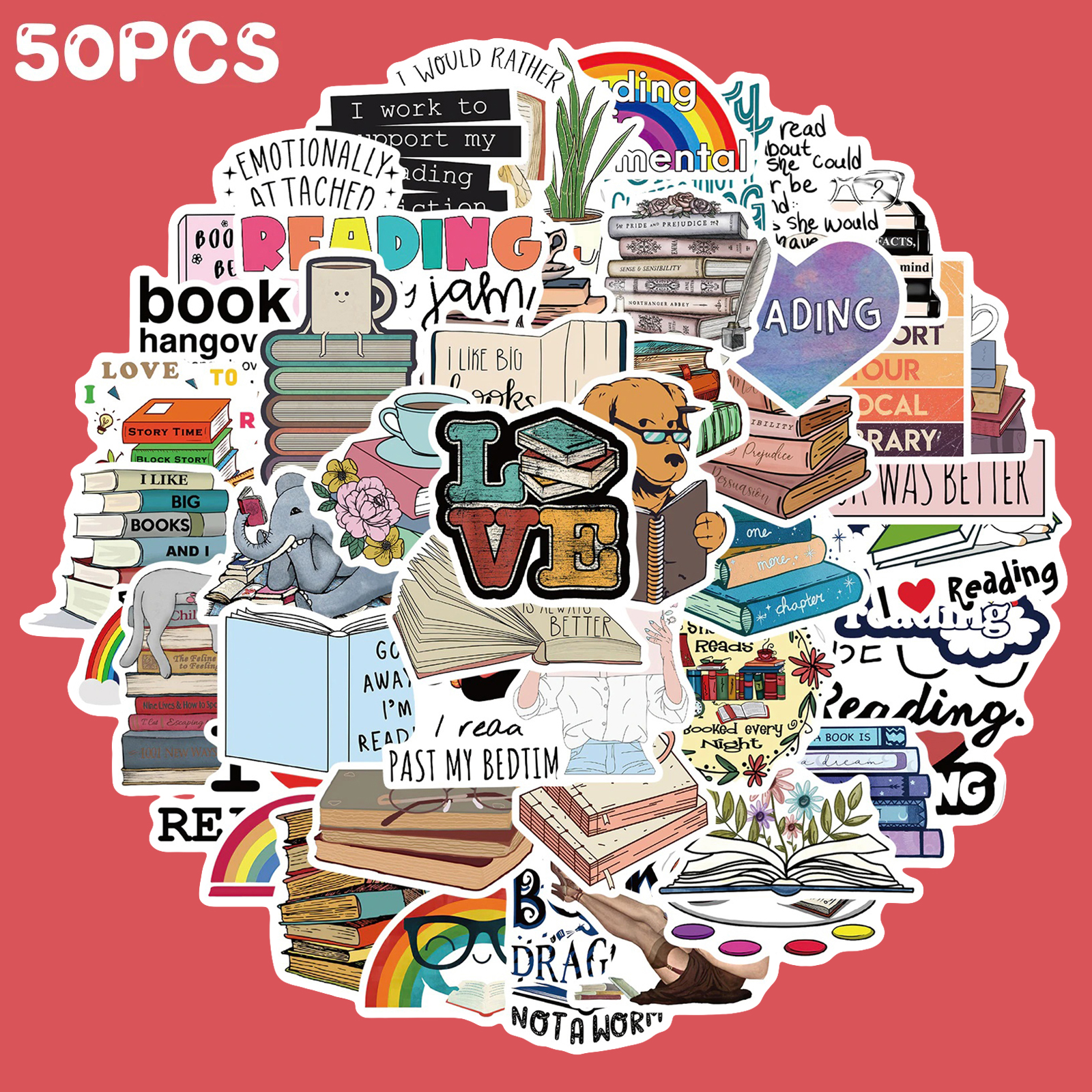 Artsy Home 25/50pcs Retro Book Lover Reading Stickers Set for Laptop, Skateboard, Phone, Guitar
