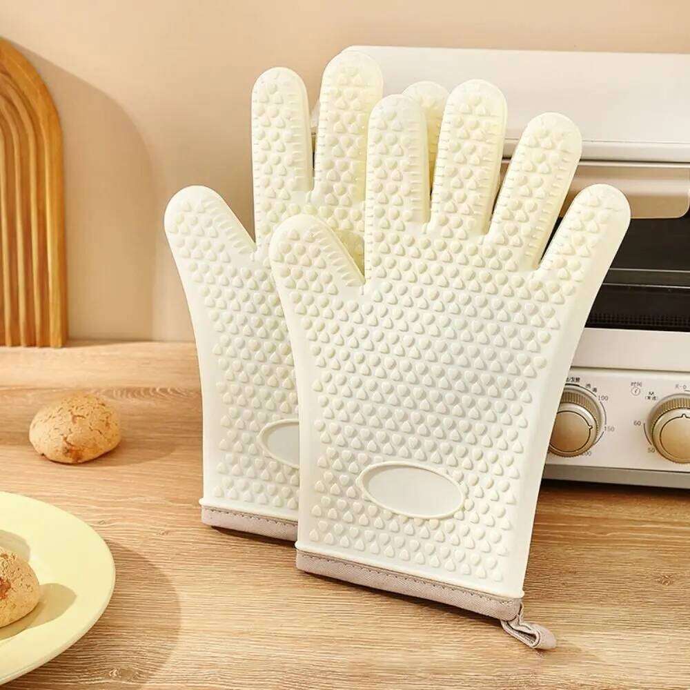 1 Pair Durable Anti-scald Baking Heat Resistant Silicone BBQ Gloves Anti-slip Thickened Oven Mitts Cooking