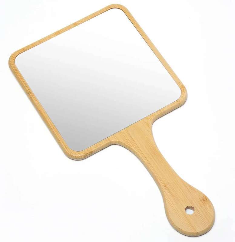 Handheld Mirror,Natural Bamboo with Handle,Cute Hand held Mirror for Shaving Single-Sided Portable Travel Vanity