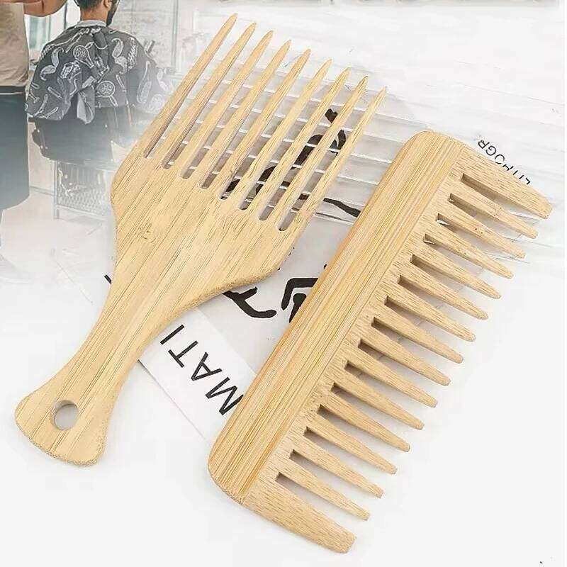 2Pcs/Set Natural Bamboo Anti-Static Afro Fork Combs Beard Men Women Anti-static Wooden Comb Hair Styling C