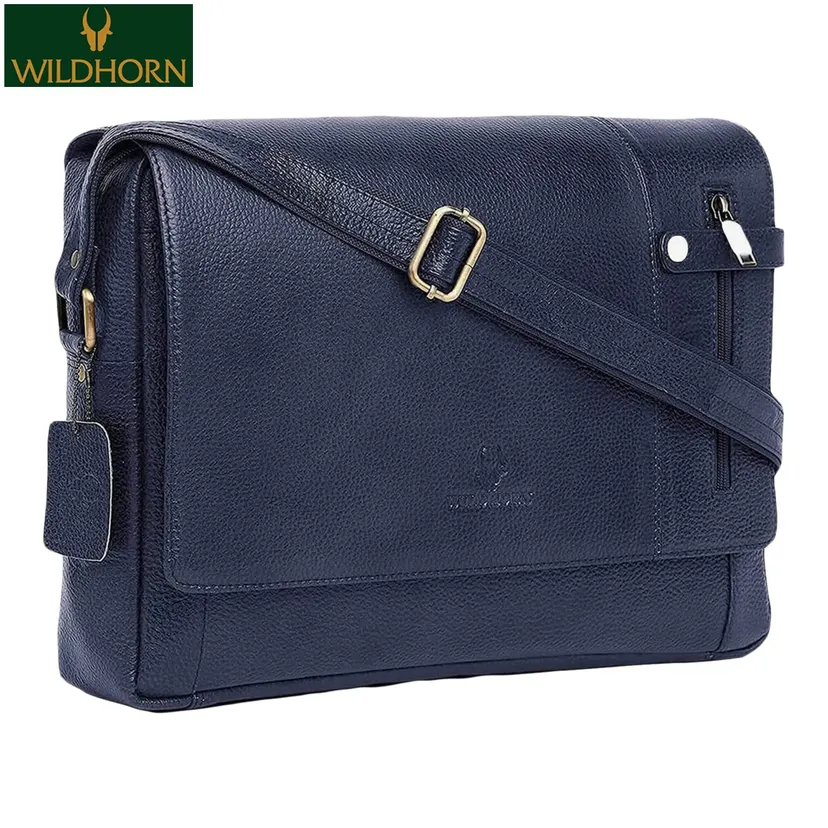 WILDHORN Nepal® Leather 15 inch Laptop Messenger Bag for Men with Padded Laptop Compartment (MB 570 Blue)