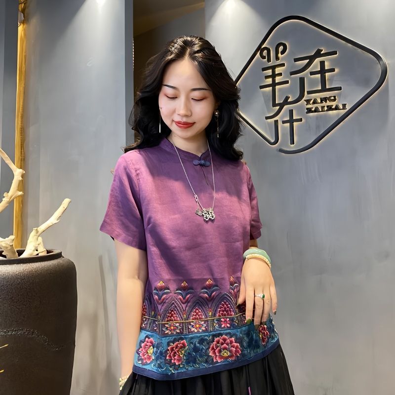 Cotton Blouse for Women Chinese Style Traditional Embroidery Improved Hanfu Top Female New Linen Plus Size Lady Tops