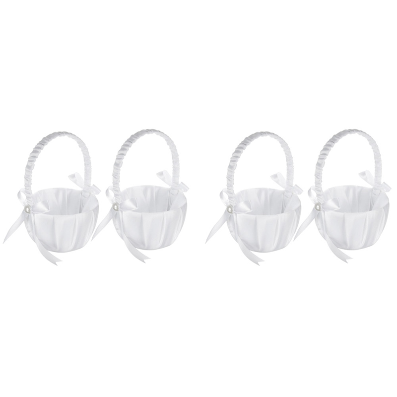 fasdaga 4 Pack Wedding Satin Flower Basket,Romantic Bowknot Rose Flower Girl Basket