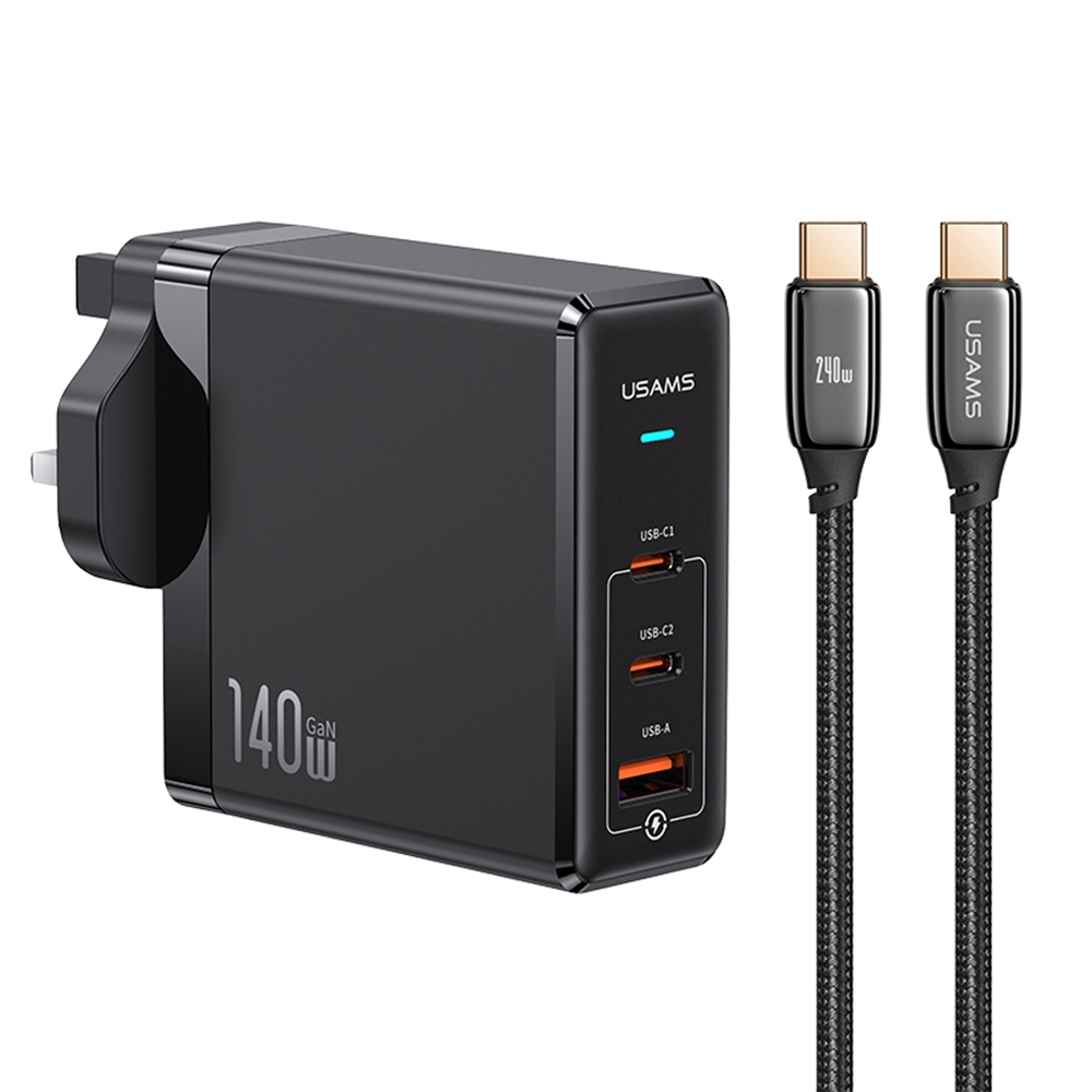 USAMS US-SJ581 T53 3 in 1 140W 3 USB Interfaces GaN Fast Charger Set, UK Plug (Black