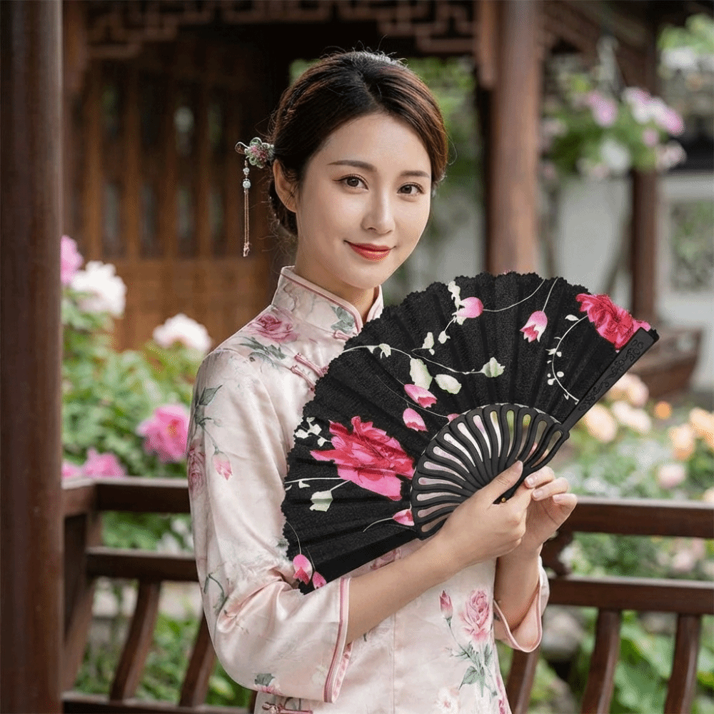 Exquisite Plastic Rod Folding Fan Hollow with Fan Ring Flower Handheld Fan Decorative Cloth Hand Fan Hanfu Accessories