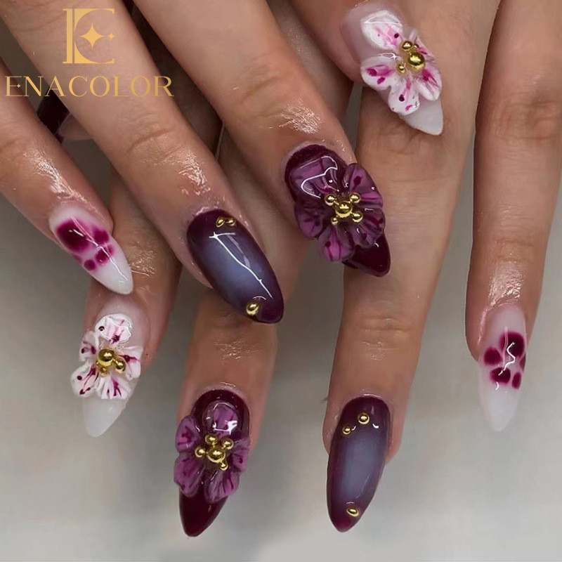 30Pcs Long Three-dimensional Peach Blossom Flowers Fake Nails with Glue DIY Art Design False Artificial Nails