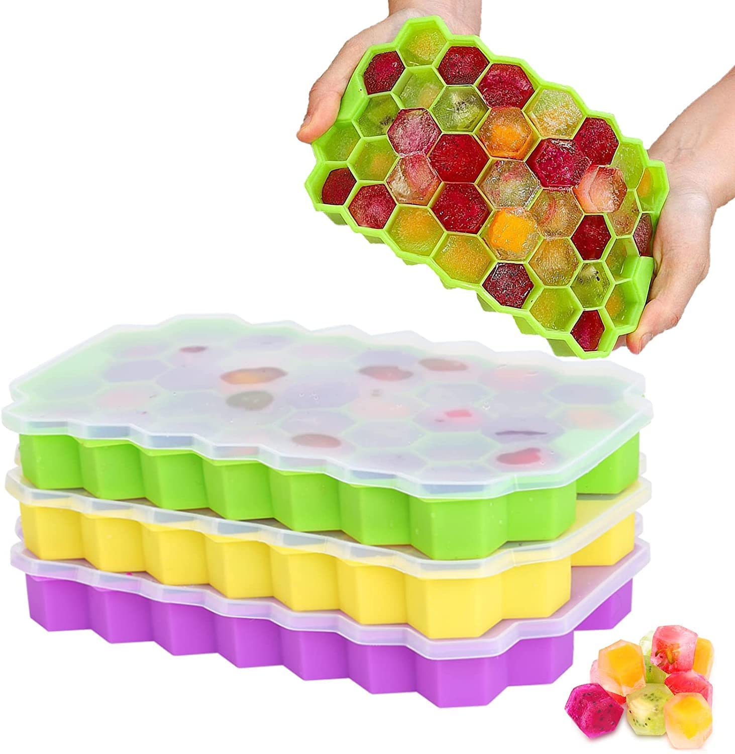 Honeycomb Ice Cube Trays Reusable Silicone Ice Cube Mold BPA Free Ice Maker with Removable Lids 1Pcs