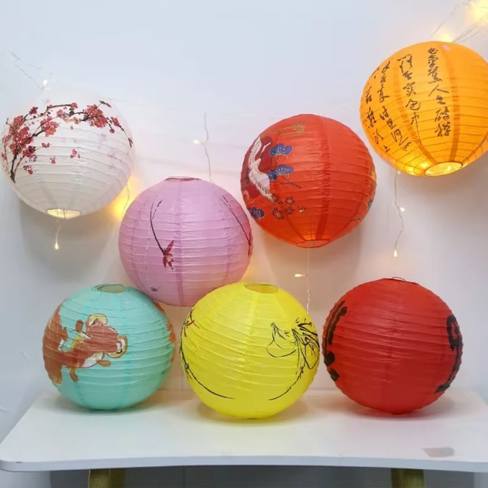 Classical Flower Letter Printed Festival Lantern Hanging Bamboo Paper Chinese Lantern 30cm Antique Paper Lantern Home Decoration