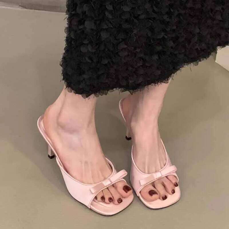 Bow Slippers High Heels Shoes Casual Sandals New Beach Dress Slides Pumps Designer Cozy Female Flip Flops