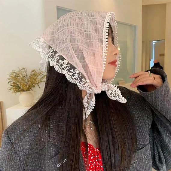 1 Piece White/Pink Lace Edge Embroidery Atmosphere Sweet Style Lightweight Scarf Bandana, For Sunscreen And Hairline Covering, Hair Styling