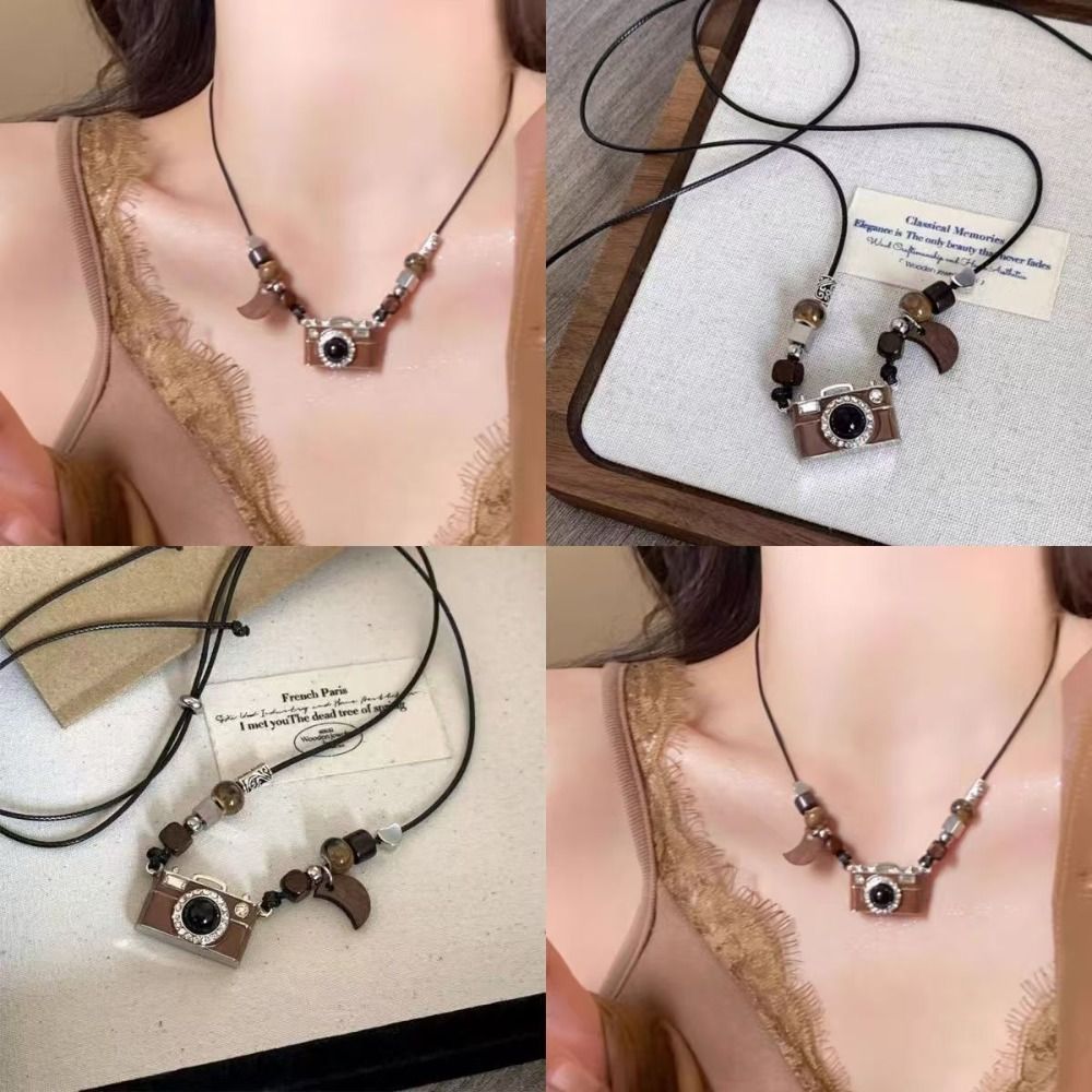 Cool Brown Pendant Camera Pendant Necklace Luxury Retro Khaki Sweater Necklace Unique Design Long Chain Necklace Cool Girls