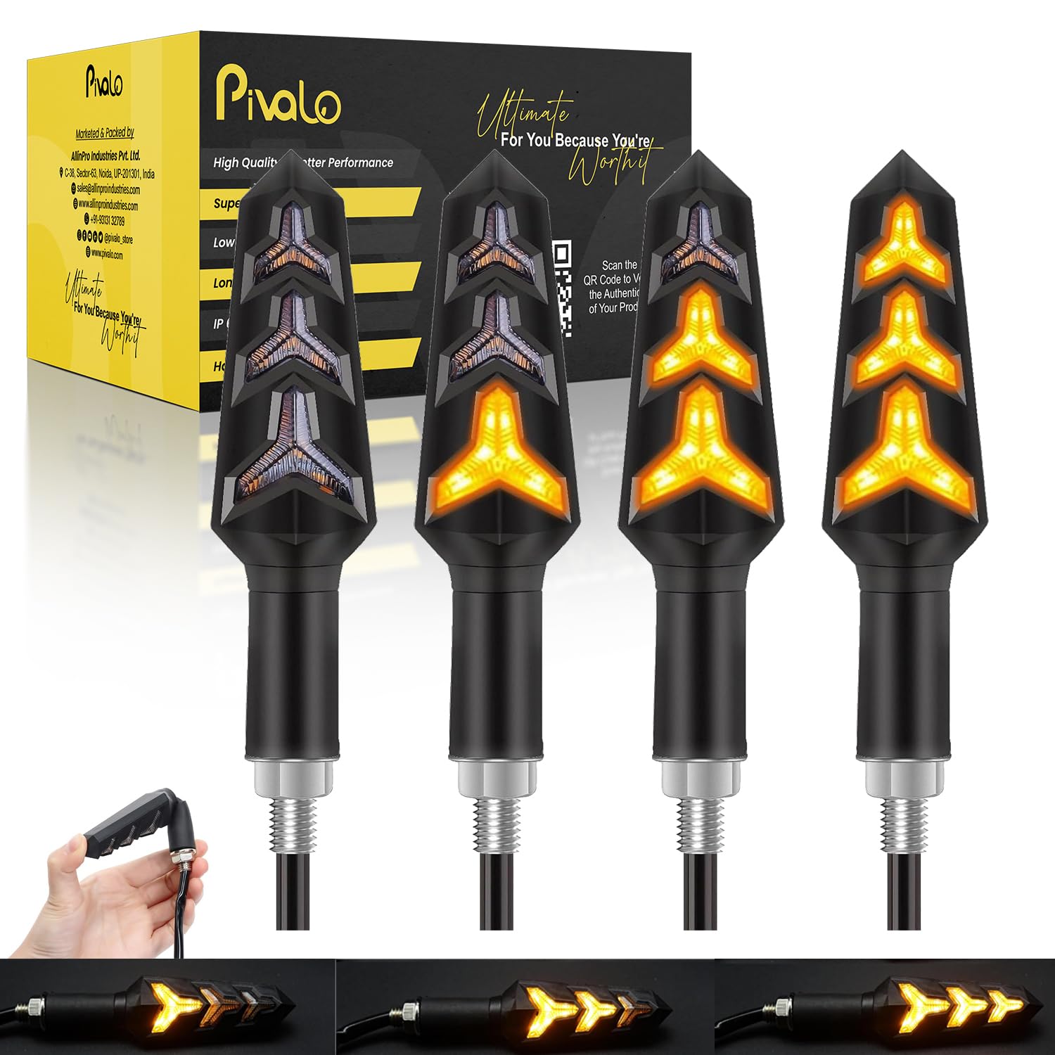 Bike Indicator LED Bulb with Crystal Design Running Super Bright Front and Back Turn Signal Light Universal for All Motorcycle and Scooty (Set of 4, Yellow)