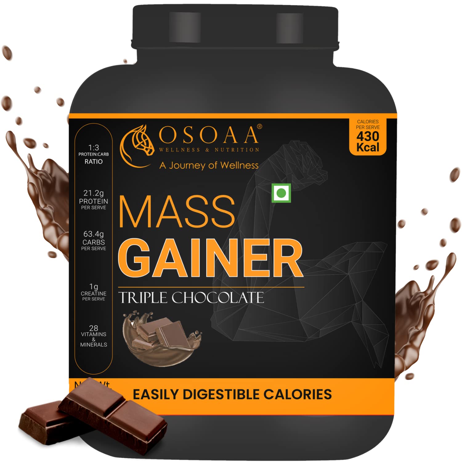 OSOAA Mass Gainer Protein 3KG Chocolate, 420 Calorie, Creatine, Digestive Enzyme, Fast Muscle Weight Gain, 28 Vitamin & Mineral (Choclate Flavour)